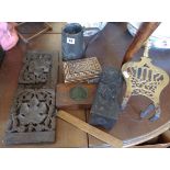 19th century Irish harp-shaped brass trivet, Arts & Crafts copper jug, carved book rack (A/F), old