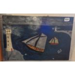Naive oil on panel of boats and lighthouses by Dan Robinson signed and dated 2009