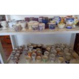 Large collection on two shelves of china and pottery eggcups