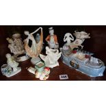 Three Art Deco china figurines, a novelty china cruet set in the form of a liner with a transfer
