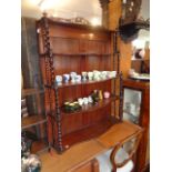 Victorian mahogany wall shelves having shaped shelves on barley twist column supports and fretwork