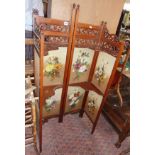 Victorian mahogany folding screen with plated glass panels and shaped corner shelves, heavy carved