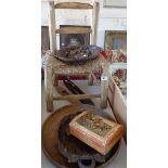 Rustic child's chair with rush seat, two carved wood fruit bowls and a turned wood salad bowl, etc.