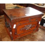 Victorian wooden jewellery box with handles and carved fall-front enclosing two drawers and tray