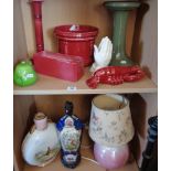 Two shelves of assorted items, inc. ham stand, Bretby pottery planter, tall pottery candlestick