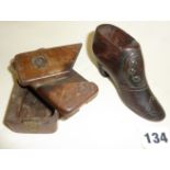 Victorian mahogany carved shoe snuffbox (lid missing) and another inlaid with sliding lid