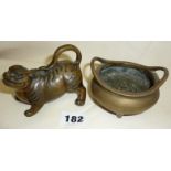 Chinese bronze tiger figure and bronze censer with character marks under