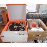 Dansette-style Steepletone record player in orange and grey vinyl together with a collection of