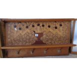 1930s Dutch coat rack having Folk Art marquetry panel to back with four brass hooks