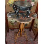 Victorian bamboo and lacquer table with shaped top and an Oriental wood vase stand