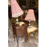 Bedside cupboard, pair onyx and brass table lamps and a stool