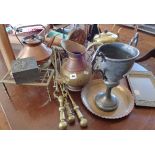 Assorted brass and copperware, inc. fire irons, kettles, trivets and a gong