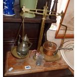 Victorian brass shop scales and weights, a small Victorian copper saucepan with lid and a pewter