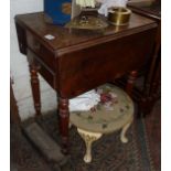 19th century walnut work table with two drop leaves, two drawers on turned and fluted legs