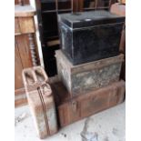 Rusty steel ammunition box, similar jerry can and two tin Deed boxes