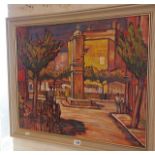 Beric YOUNG (RBA) an oil on canvas of a town scene titled "Blaneys", signed. 23" x 27" in frame