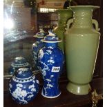 Chinese prunus vase with lid, a similar ginger jar and a crackleware green glaze vase
