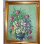 Gilt framed oil on board of a still life with flowers, signed Muriel WARD