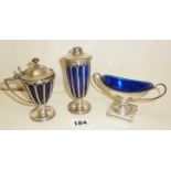 Good silver-plated Adams style three piece cruet set with blue glass liners