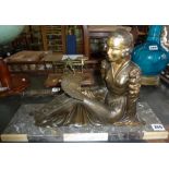 Large Art Deco bronze lady with fan on marble base, approx 45cms long