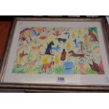 Watercolour of dogs and children in the manner of a Fred Yates oil painting