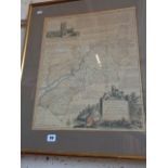 Large 18th c. engraved map of Gloucestershire by Emmanuel Bowen, 20" x 16", framed and mounted on