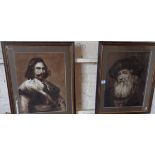 Two framed sepia printed portraits of medieval gentlemen