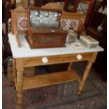 Victorian stripped pine marble topped washstand with tiled back