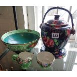 Maling china cream jug and basin, a similar fruit bowl (A/F) and a biscuit barrel on stand