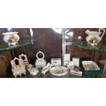 Miniature china pieces including doll's house furniture, Aynsley, Wedgwood pin dishes etc