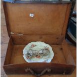 Old stitched leather small suitcase, three china plates, Kings Pattern forks and two prints