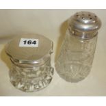 Art Deco silver lidded glass vanity pot and a cut-glass sugar shaker with hallmarked silver lid