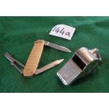 Small pocket or penknife with 9ct machine engraved case and an Acme Thunderer whistle, C. WW2 marked