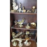 Ornate brass spirit lamp inkwell, an Indian brass hookah smoking figure, a large quantity of small