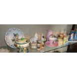 Shelf of assorted china, inc. Noritake, Victorian souvenir china, egg cups, etc.