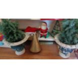 Pair of garden urns with fake Christmas trees together with assorted Christmas decorations