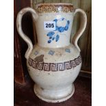 17th/18th c. Spanish tin glazed earthenware wine jug with two handles and blue painted and sponged