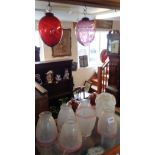 Two large engraved Victorian hanging glass ornamental baubles, set of six stencilled glass light