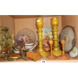 Large pair of turned wooden painted candlesticks and a collection of matching wooden items decorated