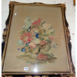 Large Victorian woolwork picture of still life of flowers in a basket and a parrot