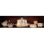 Victorian transfer printed cheese dome, Belleek ashtray, souvenir spoons, chintz jug etc (one