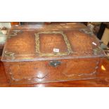 An early 18th century English oak sloping bible box with brass decoration, ornate escutcheon and