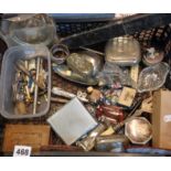 Box of assorted bottle openers, cufflinks, enamel dishes, Art Deco cigarette case etc