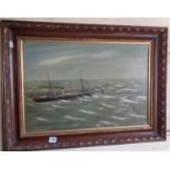 Marine oil on canvas of paddle steamer in choppy seas sailing by a jetty, signed A.J. Jansen