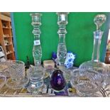 Pair of large cut glass Edwardian candlesticks and other glassware, etc.
