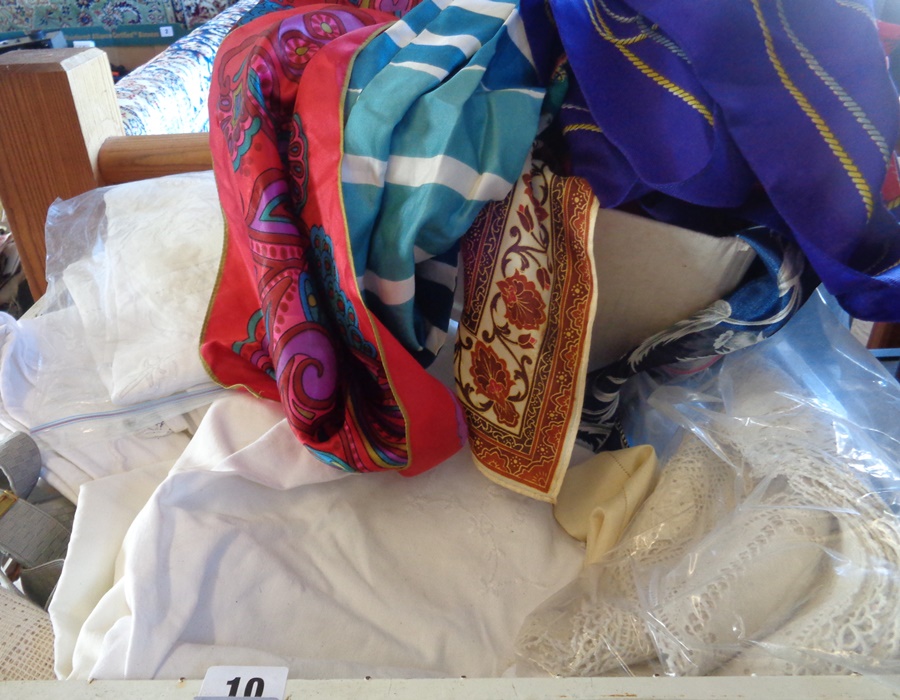 Crate of assorted textiles, inc. linen, lacework and vintage silk scarves, etc.