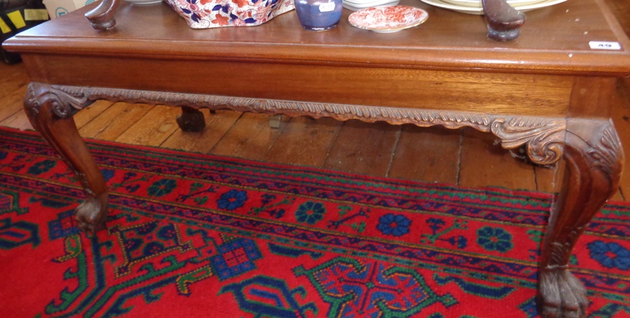 Mahogany rectangular coffee table on carved cabriole legs with ball and chain feet