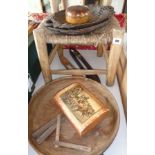 Rustic child's chair with rush seat, two carved wood fruit bowls, a turned wood salad bowl and a