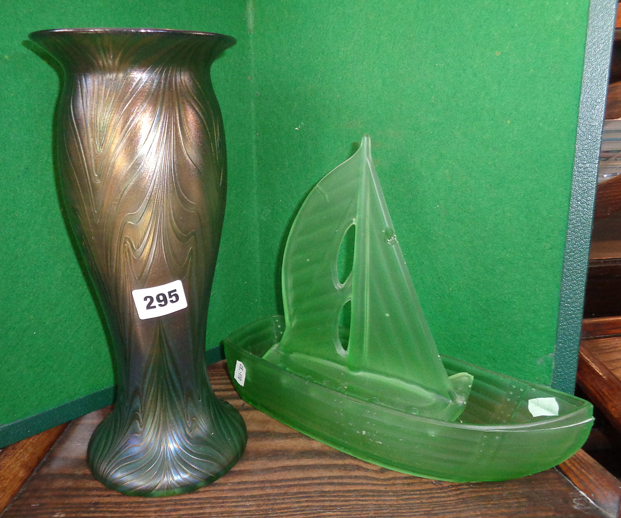 Loetz style glass vase from Czech Republic, 29cms and an Art Deco smoked green glass sailing boat