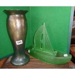 Loetz style glass vase from Czech Republic, 29cms and an Art Deco smoked green glass sailing boat